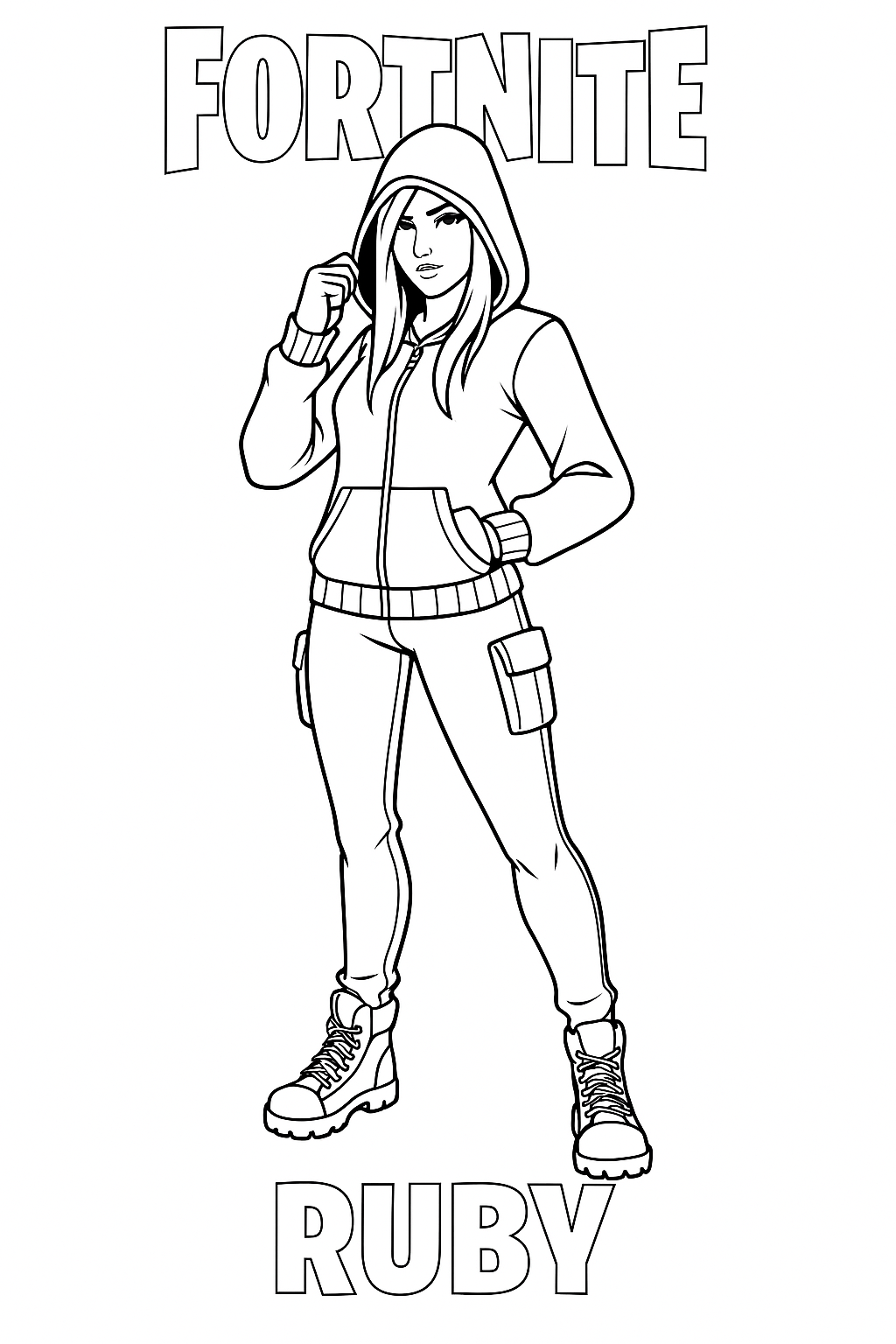 A line drawing coloring page features Ruby a fema